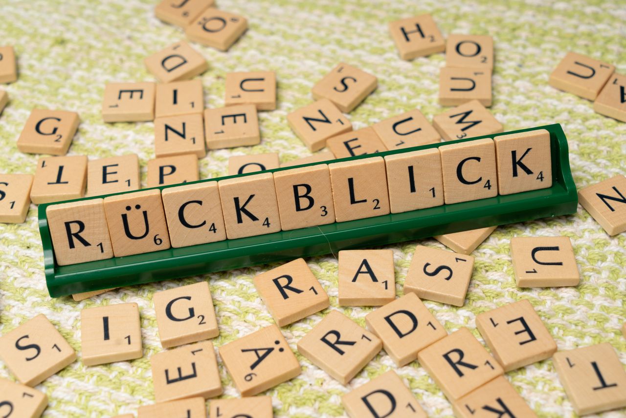 Scrabble tiles spelling 'Rückblick' on a green textured surface, emphasizing language and nostalgia.